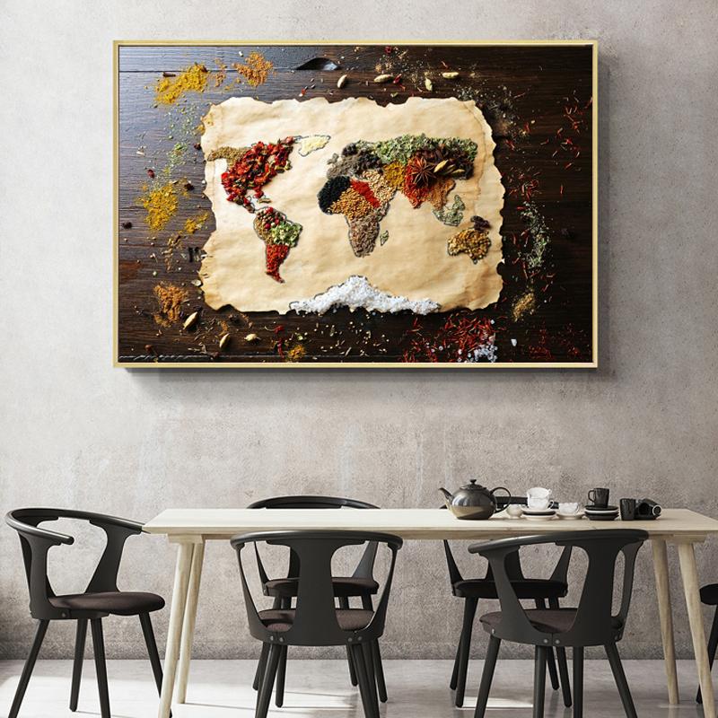 Wall Art Canvas Painting World Map with Spice Posters and Prints Wall Pictures for Dining Room Cuadros Home Decoration No Frame