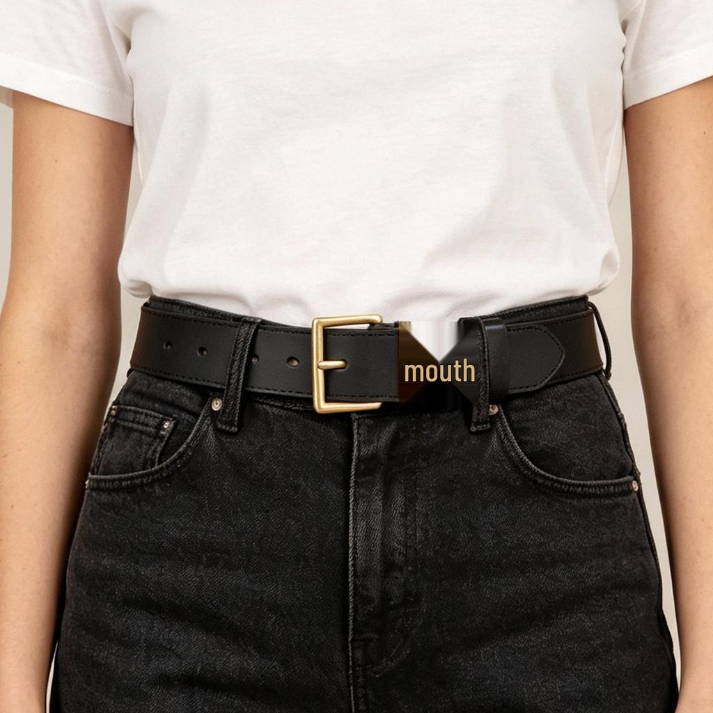Women's Black Genuine Leather Belt with Classic Square Buckle – Versatile for Jeans and Trousers