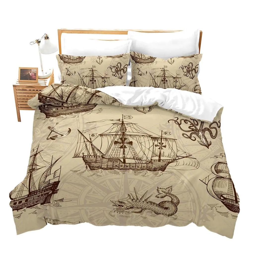 Pirate Sailboat Soft Duvet Cover Nautical Ocean Theme Young Boys Ten Beding Col Style Adult People Beding Set Wave Patern Printed Rom Decor