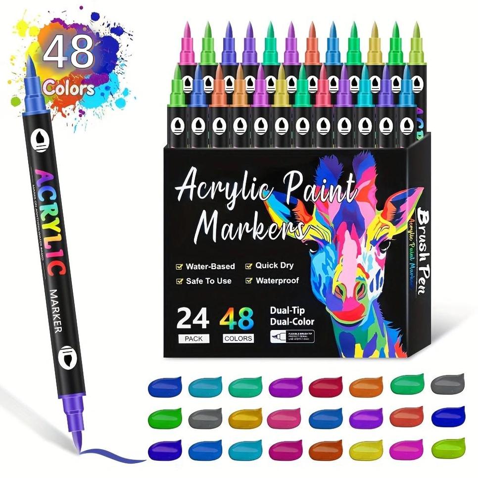 36pcs(72Colors) Dual Ended Two-Tone Acrylic Markers – No Bleeding, Water-Based, Ideal for Rock, Canvas, Wood, Ceramic, Glass