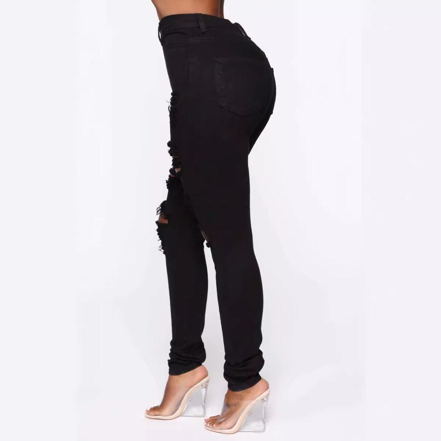 New Black and White Elastic Hole Denim Jeans Women's Slim Fit Pants