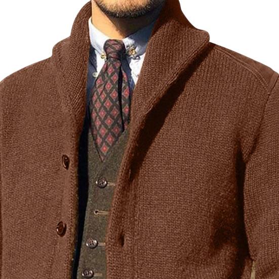 Lapela Manga Longa Bolsos Punhos Canelados Cardigã Suéter Espesso Masculino Outono Inverno