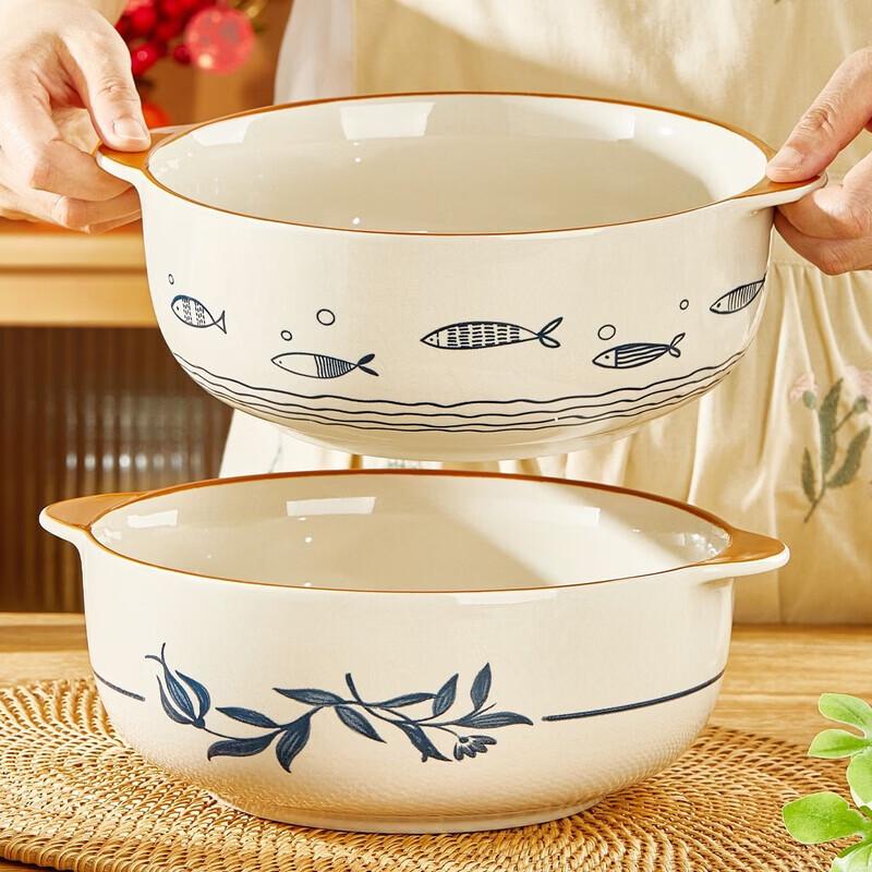 Hecuanwu Japanese Underglaze Ceramic Double-Ear Soup Bowl