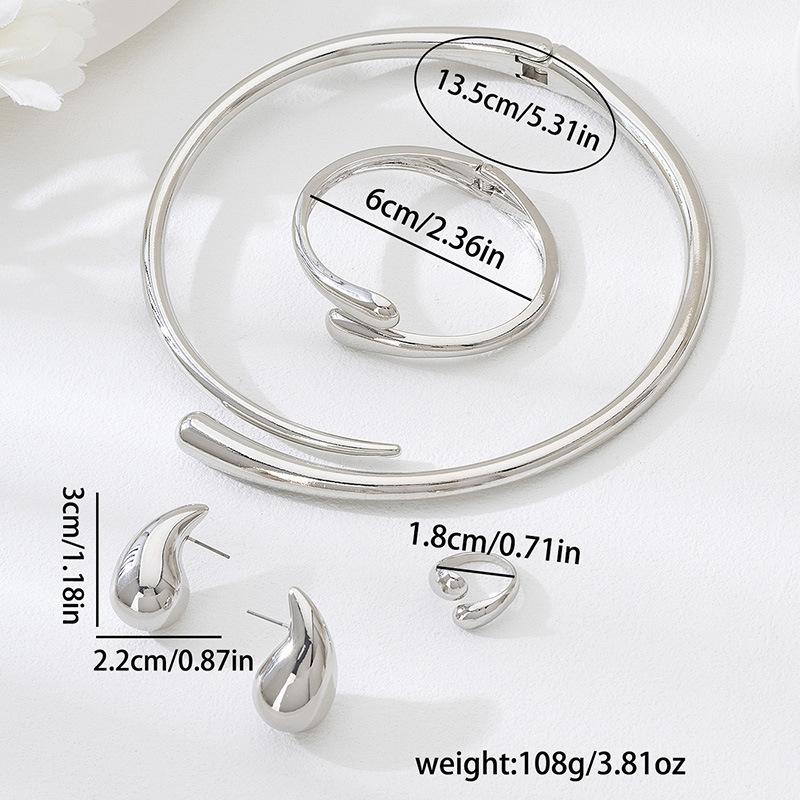 European and American Trend Water Drop Design Collar Bracelet Stud Earrings Ring Set Retro Simple and Elegant Jewelry