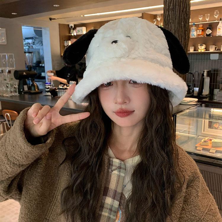 Autumn and Winter Puppy Ears Bucket Hat Female Big Head Circumference Plush Bucket Hat Cute Face Small Warm Hat