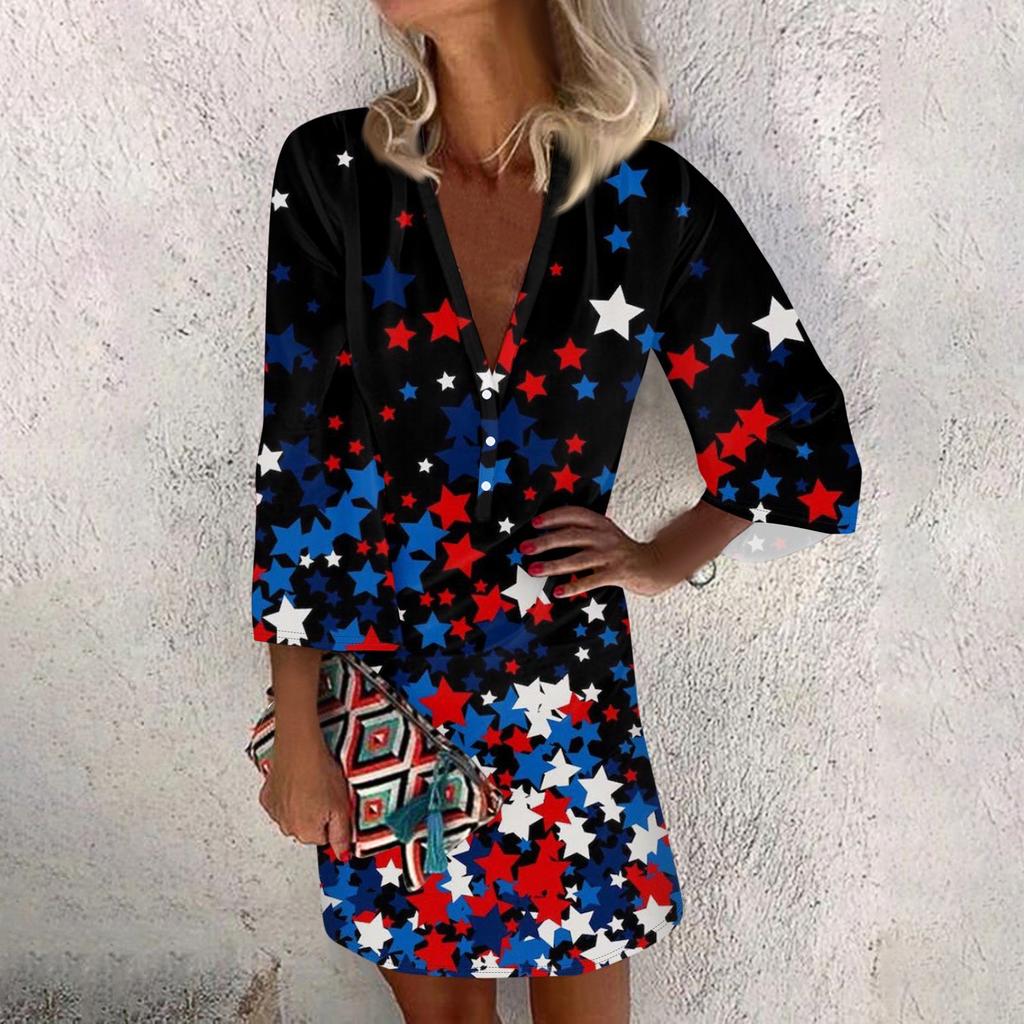 Dresses For Women Casual V Neck Casual Three Quarter Sleeve Dress Button Sundress