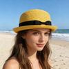 Parent-child Beach Hat Dome Curved Brim UV Protection Hat Handwoven Summer Outdoor Straw Hat with Black Satin Ribbon Bow
