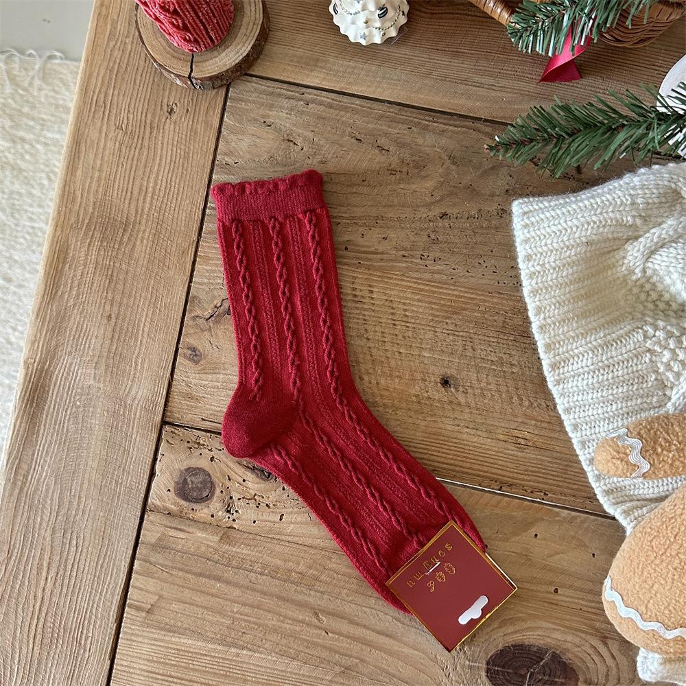 Songmu Winter Rabbit Down Big Red Socks New Year Socks Velvet Bow Tube Socks Lucky Socks