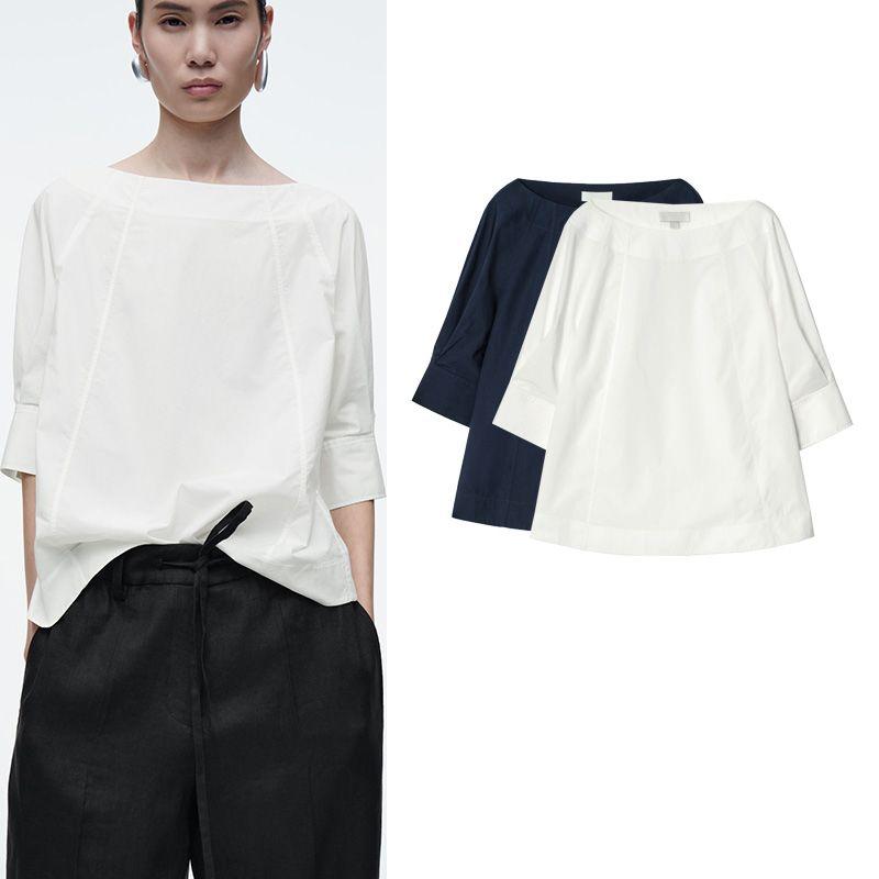 CS Summer New Product Women's Clothes Idle Style Curved Hem Standard Version Boat Collar Cotton Shirt 1274060