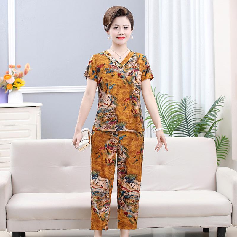 

Летний прохладный комплект из двух предметов с коротким рукавом для женщин среднего и пожилого возраста - Модная футболка с принтом Мама и брюки 6XL [suggested 165-180 jin] жёлтый