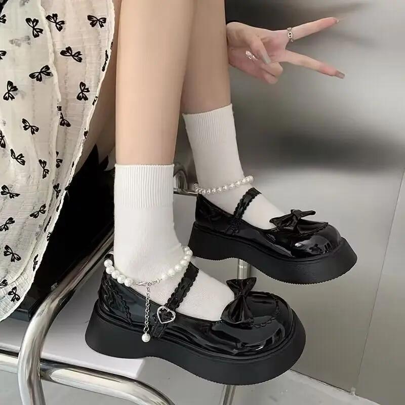 Fashion ZOKI Lovely Pearl Strap Lolita Shoes for Women Sweet Bowtie Platform Mary Janes Woman Patent Leather Non-Slip Cute Flats 2025