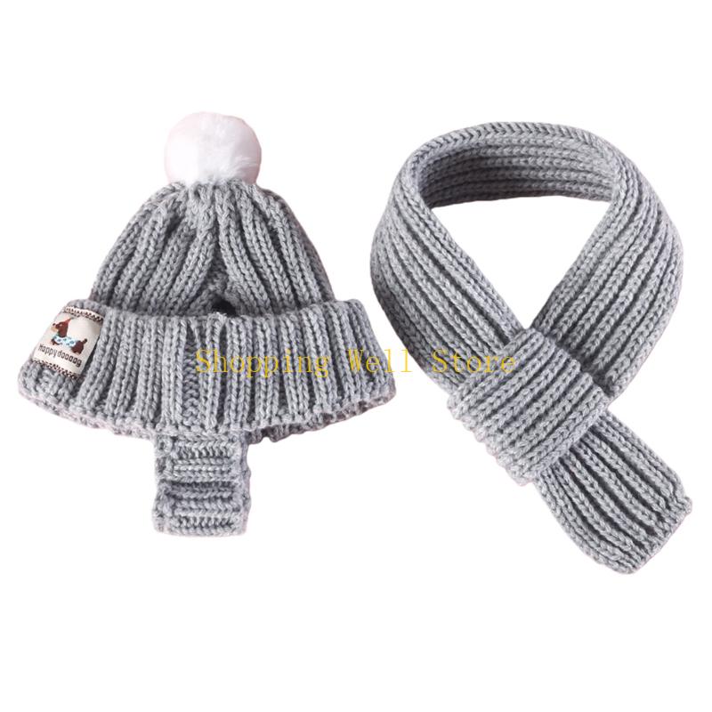 KX4B 2Pieces Dog Costumes Knitted Hat Scarf Set Warm Winter Hat Scarf Pet Costume S