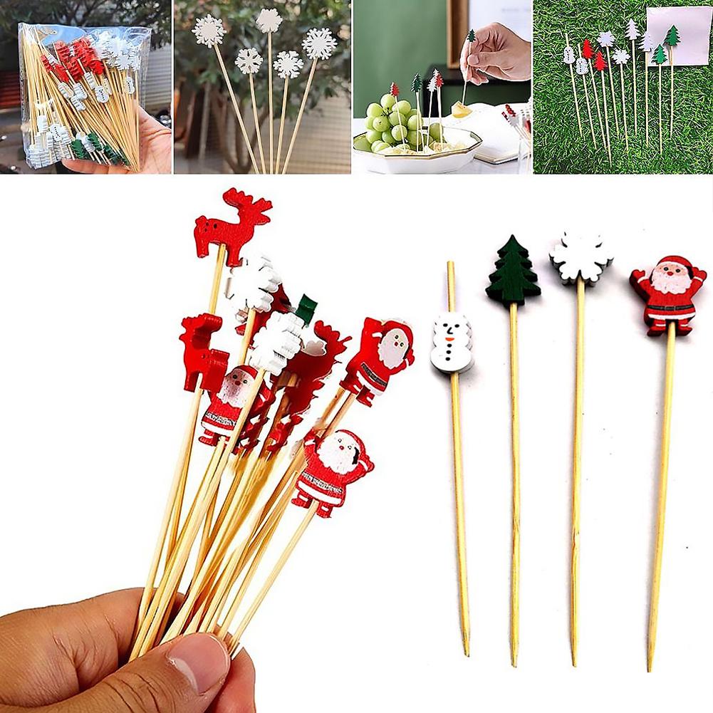 50Pcs/set Christmas Bamboo Fruit Sticks Snowflake Christmas Tree Elk Disposable Bamboo Skewers Festive Party Dessert Supplies
