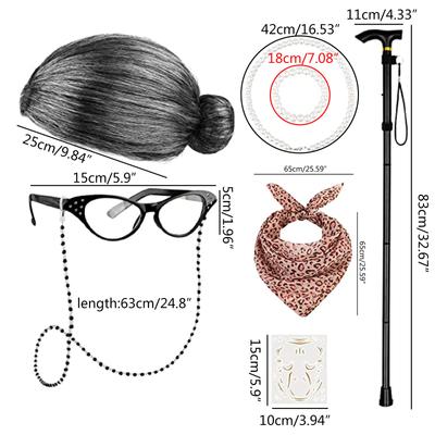 Grey Wig Glasses Glasses Chain Necklace Bracelet Walking Stick Grandma Old Lady Costume with Crutch