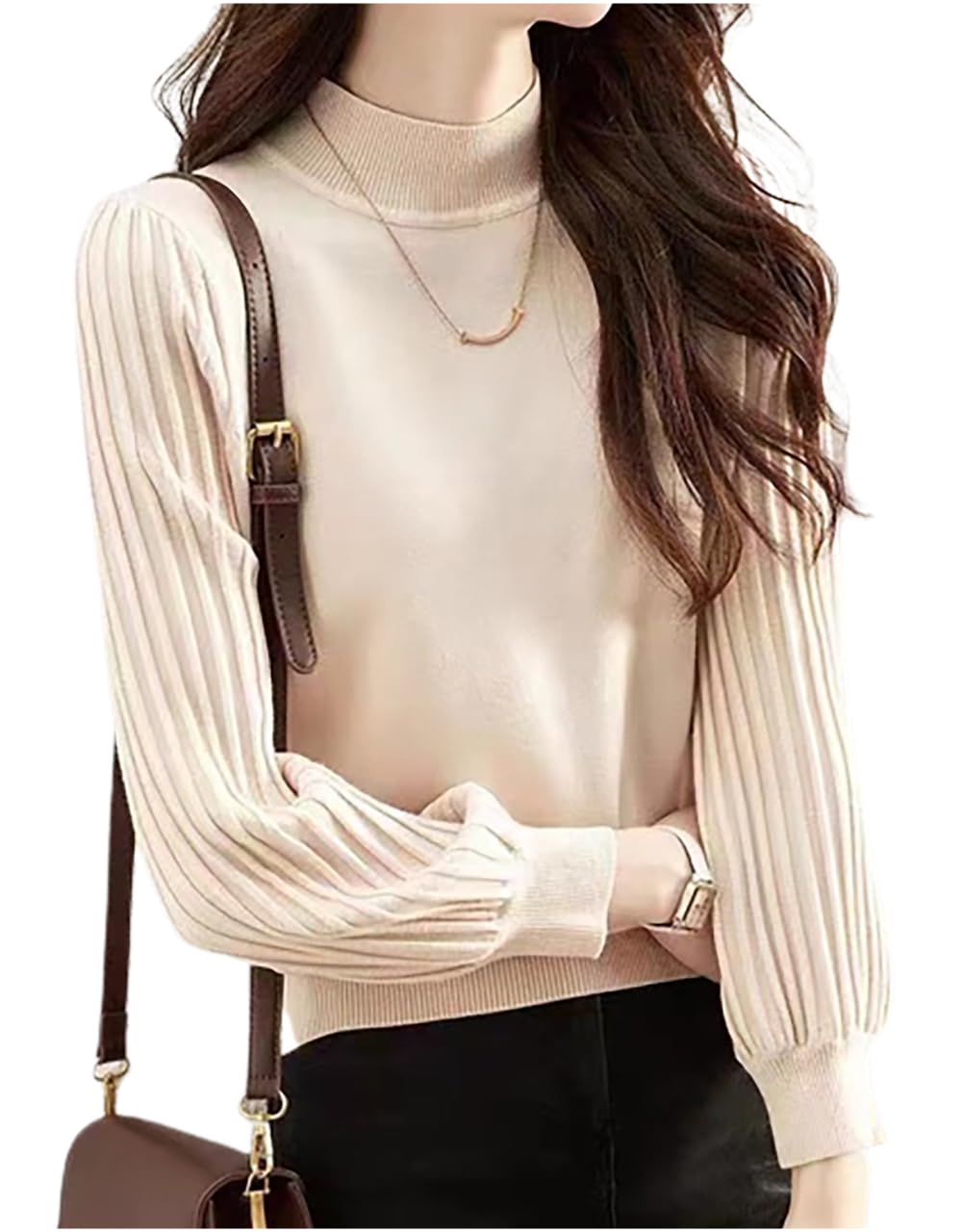 

Chunacchi Knit Sweater with Ribbed Elegant Solid Round High Loose Office Loose Long Women s Sleeves, Color, Pullover, Neck, Neck, Fit, Fall/Winter, бежевый