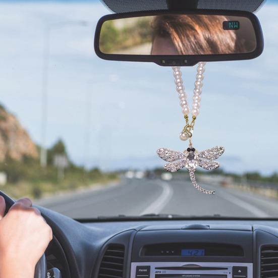 Yousheng Rhinestone Dragonfly Car Hanging Ornament Bling Rearview Mirror Pendant for Vehicle Sparkling Interior Decoration for Women