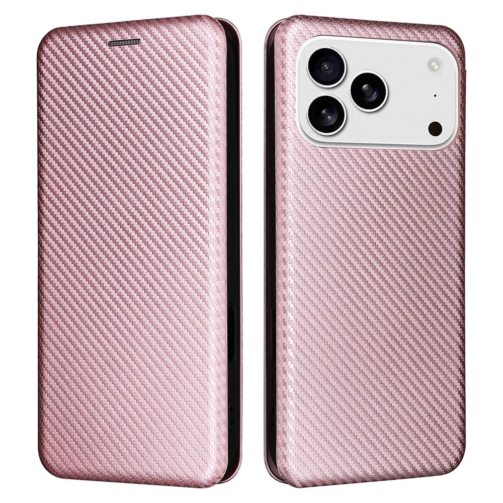 

For iPhone 17 Pro Max Case Carbon Fiber Texture Drop-Proof PU Leather Phone Cover Rose Gold