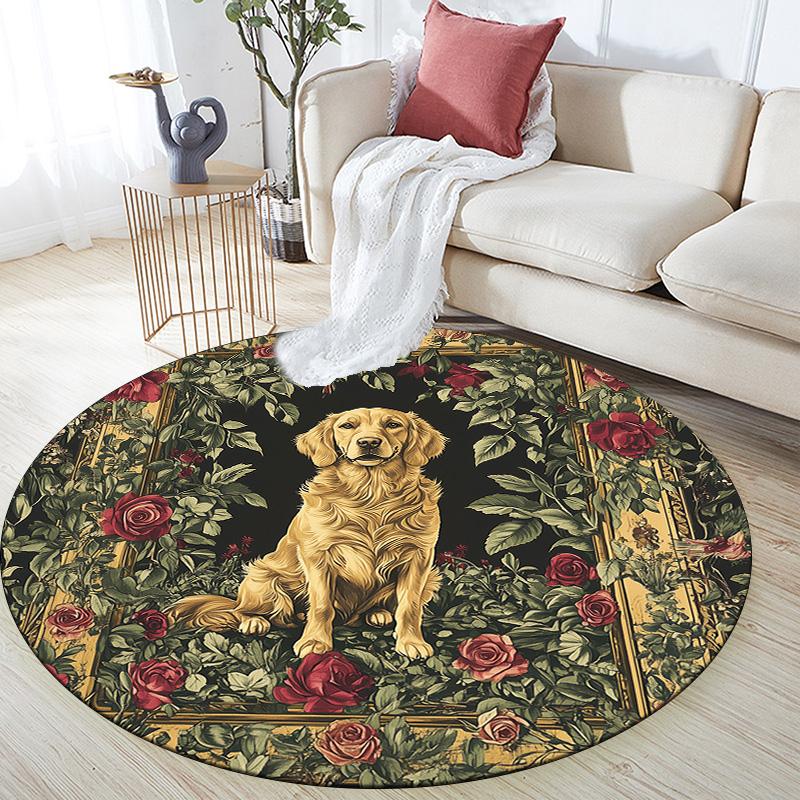 Rose Dog,Round Area Rug,Carpet Rug for Living Room Bedroom Sofa Playroom Decor,Non-slip Floor Mat