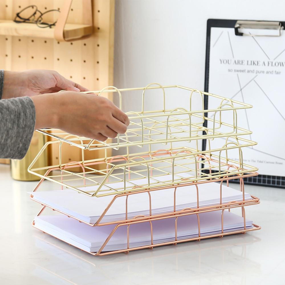 Nordic Magazine Newspaper Organizer Metal Stackable Storage Basket Frame Rack Office Desktop Rose Gold A4 Paper Finishing Basket