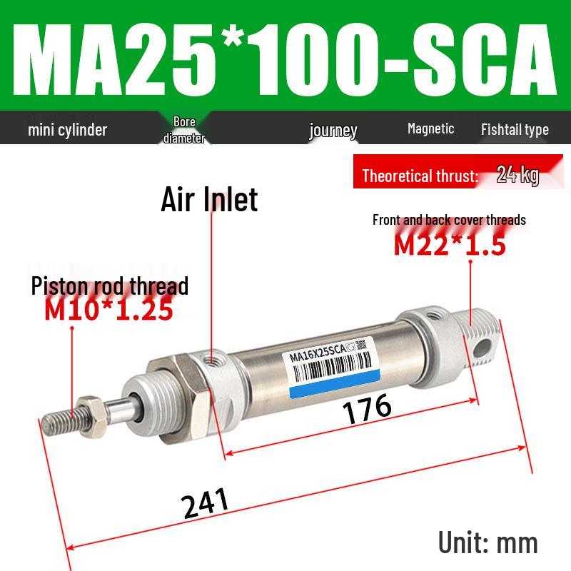 Mini Stainless Steel Pneumatic Cylinder MA Series (16-40mm Bore, 50-200mm Stroke)