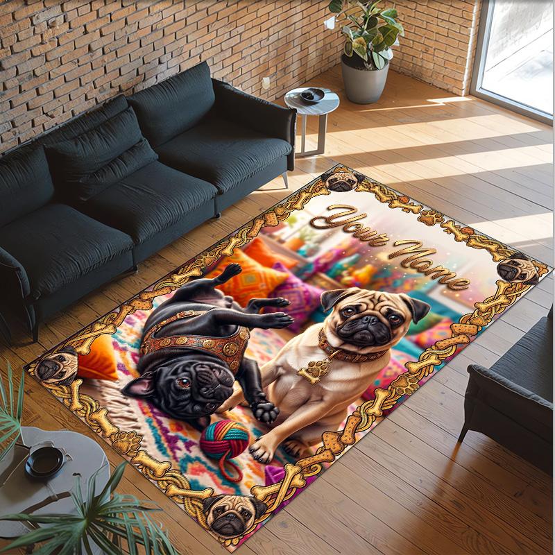 Pug Theme Crystal Velvet Floor Rug Personalized Custom Name Text Warm Carpet Home Decoration