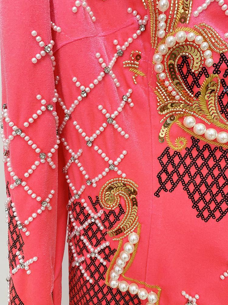 2025 Gold Velvet Long-Sleeve Dress with European & American Heavy Embroidery, Sequins, and Beaded Details