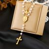 Gold Plated Double Layer Rosary Style Necklace with Cross, Virgin Mary and Angel Charms and Pearls Fashion Jewelry for Women