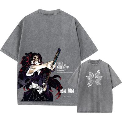 Bedrucktes Gewaschenes T-Shirt Anime Demon Slayer Baumwolle Herren Vintage Gewaschenes T-Shirt Grafik T-Shirt Streetwear T-Shirts Kleidung