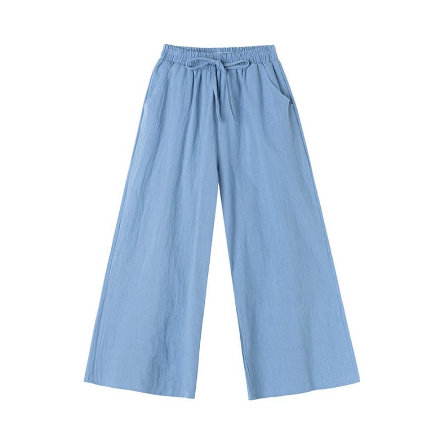 Women Summer Autumn Cotton Linen Pants High Waist Solid Color Wide Leg Cropped Pants
