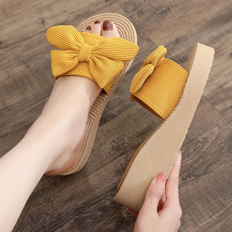 Damen Sommer Keilabsatz Sandalen mit Schleife - Lässige Strohsohle Strand Flip-Flops