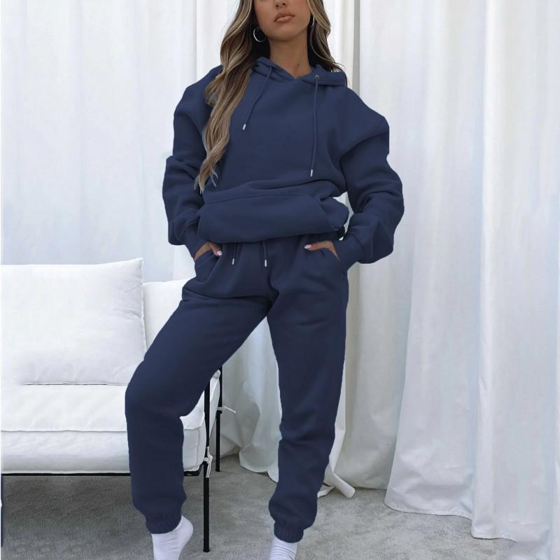 Womens Solid Color Hooded Long Sleeve Sweatshirt Set Casual Street Style Outfit