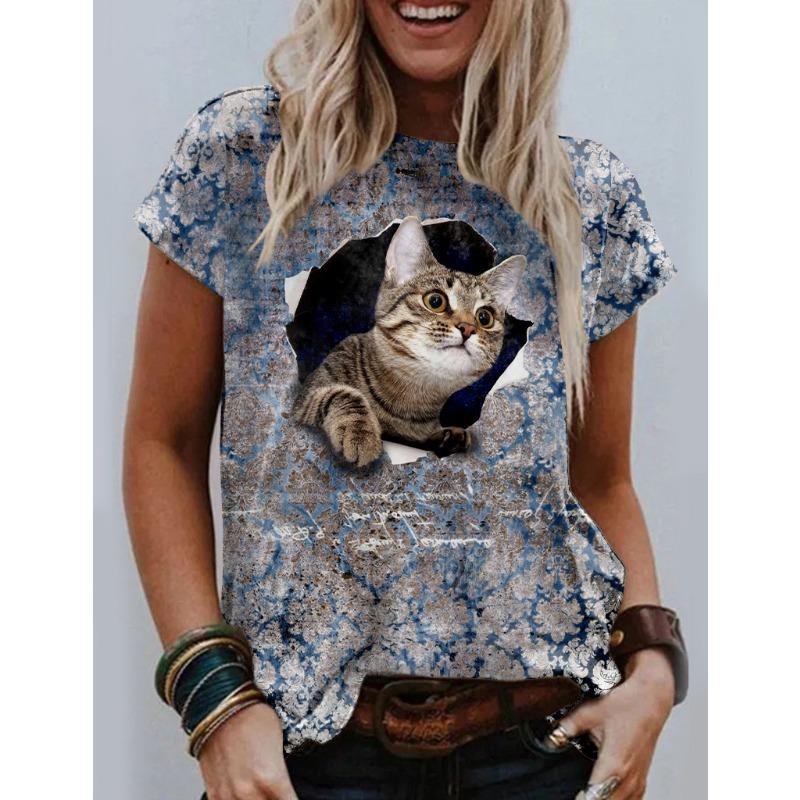 Women's Summer Loose 3D Printed Floral Round Neck Pullover Short Sleeved Top T-shirt
