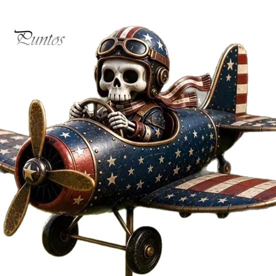 Gift for Gardening Enthusiasts Metal Skeleton Pilot Airplane Wind Spinner with Ground Stake, Vintage American Flag Garden Style Accessory Yard Rustic
