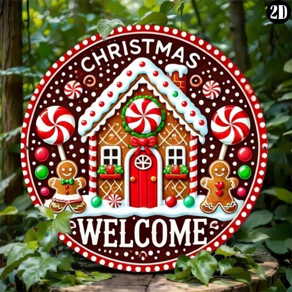 Festive Gingerbread House Metal Wall Sign Christmas Welcome Door Decor Red White Holiday Home