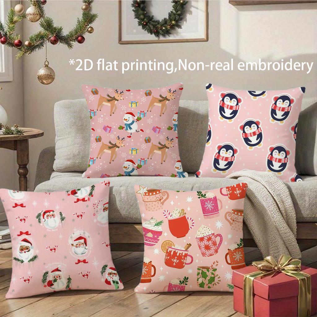 Christmas Cute Pink Pillow Covers Pattern Cushion Cover Suitable for Sofa Bedroom Car Pillow Cover