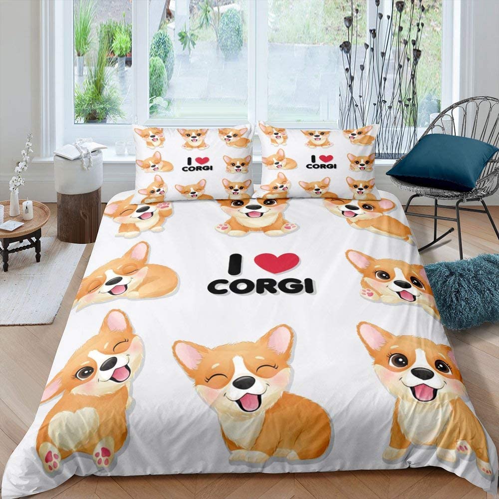 Corgi Duvet Cover Set King Queen Size Polyester Comforter Cover For Kids Boys Girls Bedding Set With Pillowcase Cute Kawaii Dog
