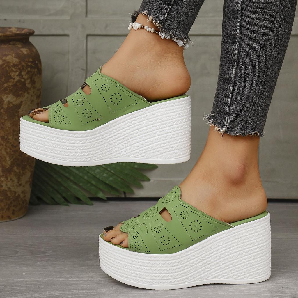 Damensommer-Sandalen mit Keilabsatz in großen Größen, Damen 2025 neu, paillettenbesetzt, mit dickem Sohlenkeilabsatz, coole Slipper