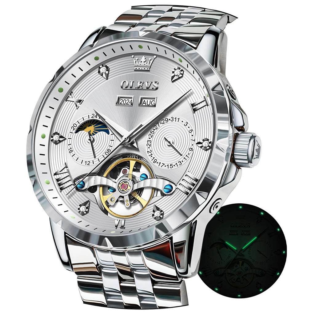 OLEVS Mechanical Automatic Winding Moon Phase Stylish Skeleton Waterproof Popular Watch Luminous Watch for Men White Men's