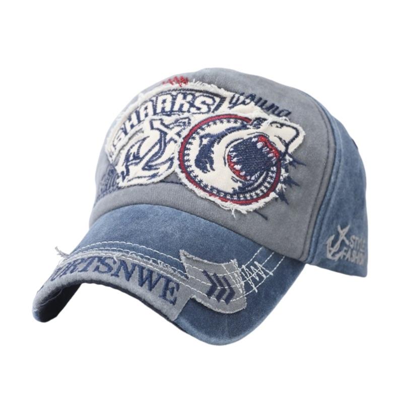 Water Scrubbing Jeans Baseball Cap With Embroidered Shark Design Adjustable Hat Circumference For Men And Women