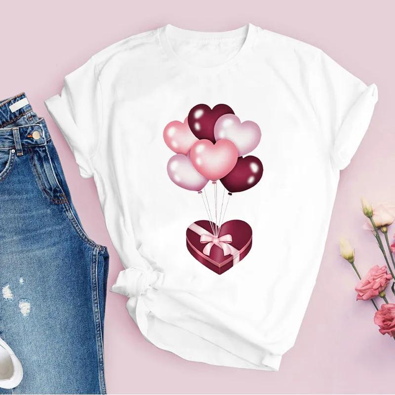 Womens White Love Balloon Butterfly Round Collar Print Tshirt Short Sleeve Graphic Dress Aesthetic Harajuku Style