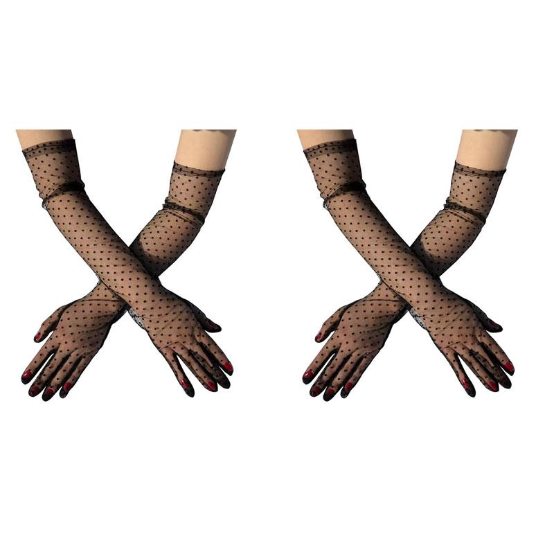1-4Pair Fashion Women Black White Dot Lace Long Tulle Gloves Bride Wedding Stretchy Full Finger Transparent Thin Lady Mesh Glove