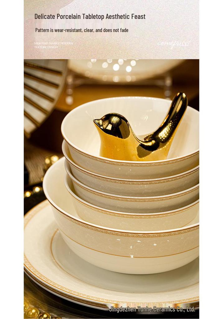 Jingdezhen High-Temperature Ceramic Bowl & Plate Set - Premium Underglaze Color, Chinese Light Luxury Gift with Chopsticks