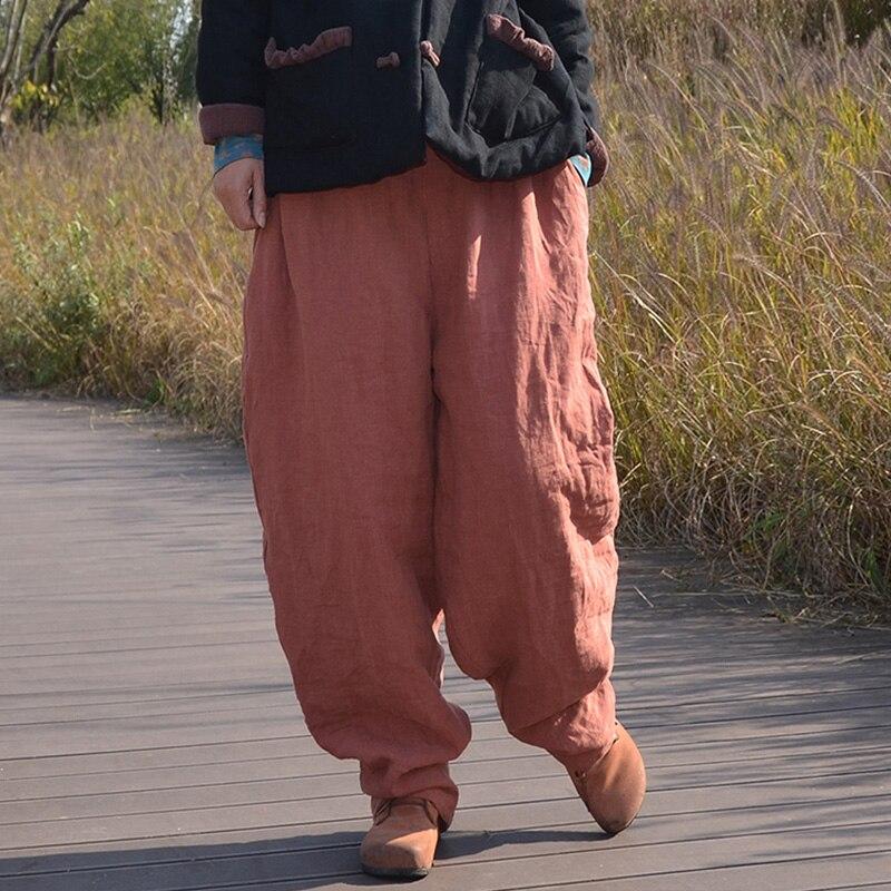 Johnature Women Winter Wide Leg Pants Cotton Linen Warm Trouser Solid Color Elastic Waist Pockets Vintage Female Pants