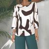 Damen Abstract Print U-Ausschnitt Lockerer Schnitt Oberteil Dreiviertelarm Lässige Bluse T-Shirt