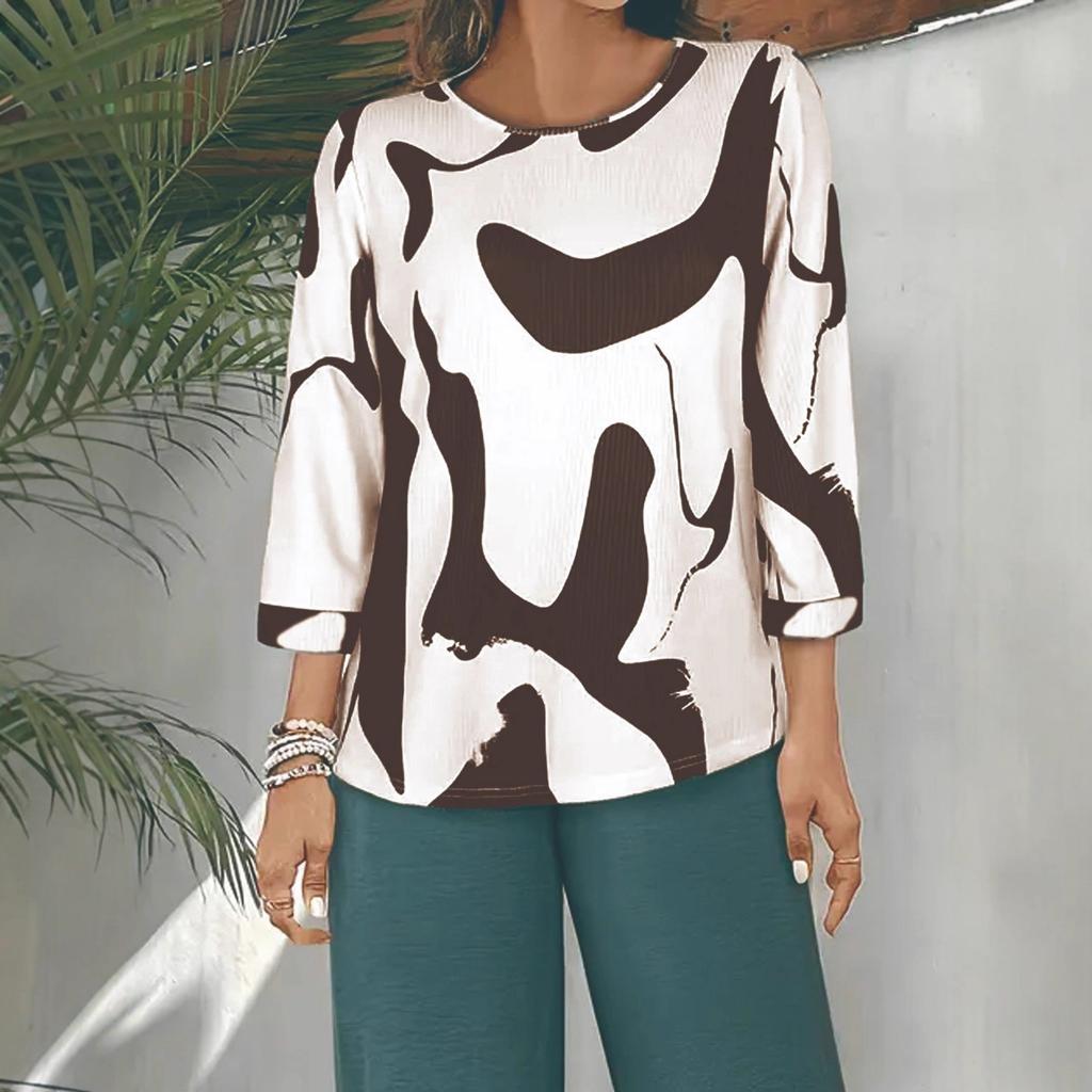 Damen Abstract Print U-Ausschnitt Lockerer Schnitt Oberteil Dreiviertelarm Lässige Bluse T-Shirt