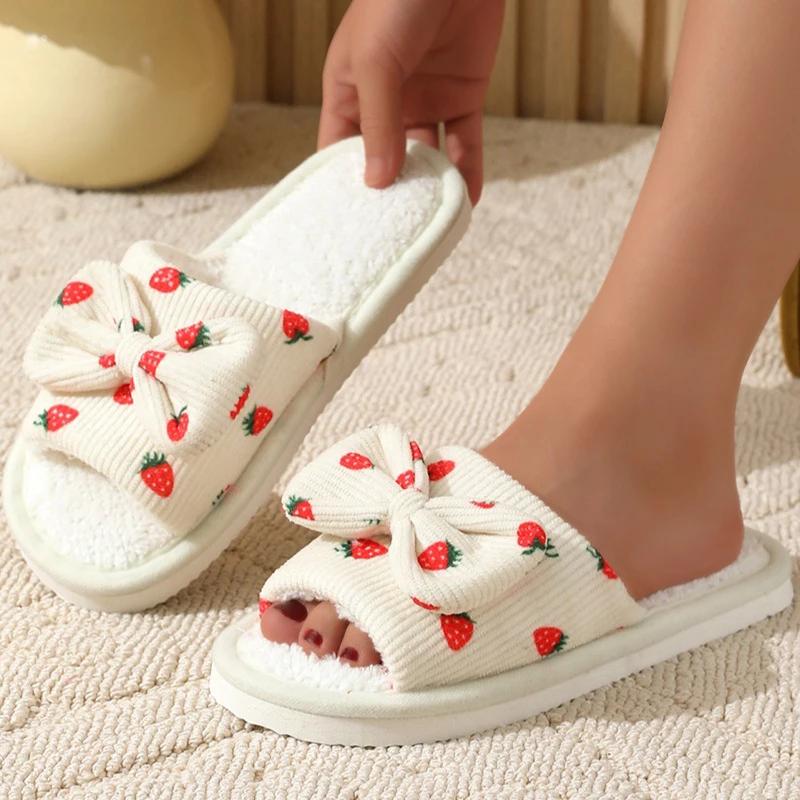 

pink Strawberry fur Slippers for Women winter Flat heel short Plush Warm indoor Shoes Woman Non Slip bedroom slides plus 43 42-43