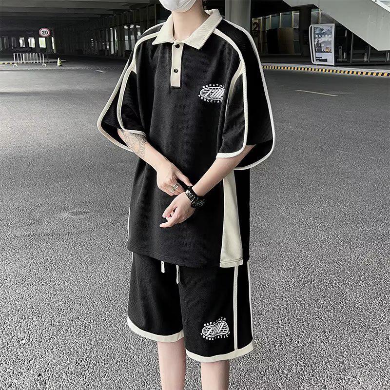 

Мужская летняя повседневная спортивная одежда в студенческом стиле: Комплект из рубашки поло с короткими рукавами и подростковых шорт XXL чёрный