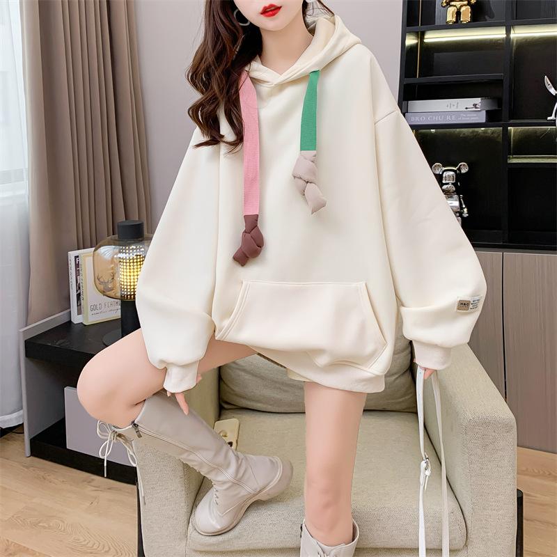 Women's Hooded Long Sleeve Oversized Casual Top Color Block Denim Splicing Letter Print Loose Fashion Hoodie Blouse