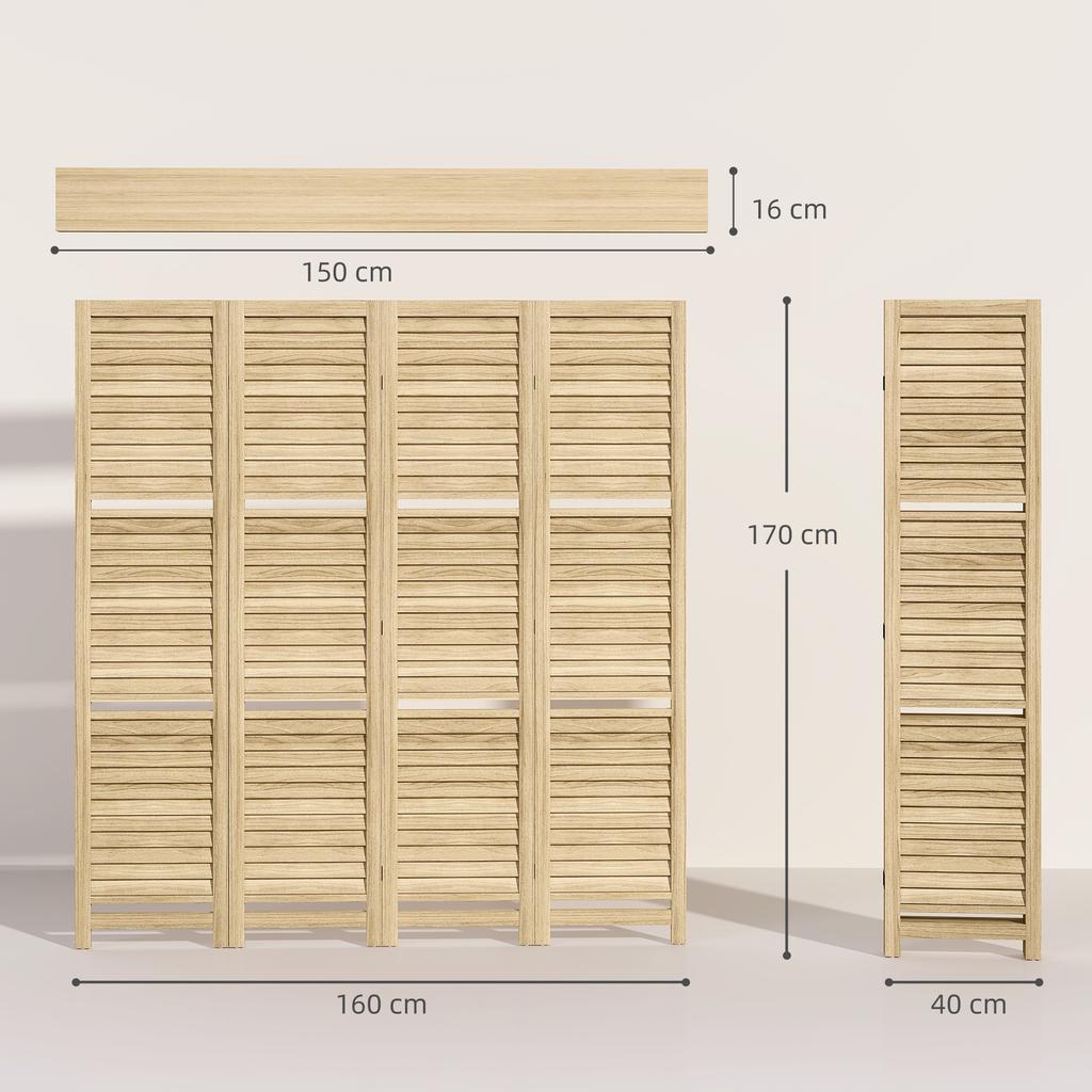 Indoor Room Divider 4 Panels 160L x 170H cm 3 Shelves Foldable Room Separator Louvred Doors Natural