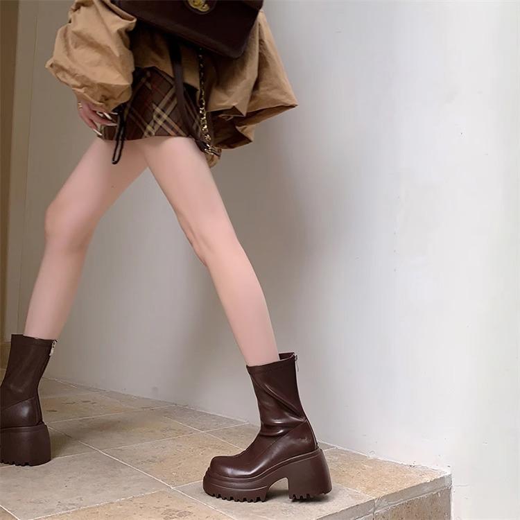 Thick Heel Platform Martin Boots Women's British Style New Autumn and Winter Elastic Small Brown Short Boots